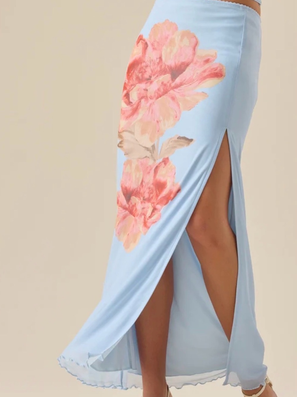 Altar'd State Light Blue Maxi Skirt with Pink Floral Side Slit